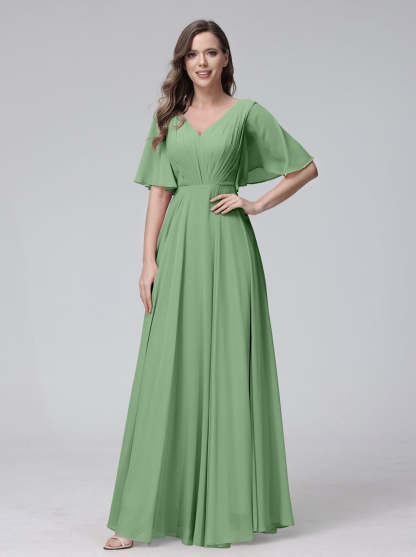 Princess A-Line Floor-Length V-Neck Bridesmaid Dresses With Half Sleeves, Ruffles & Pockets