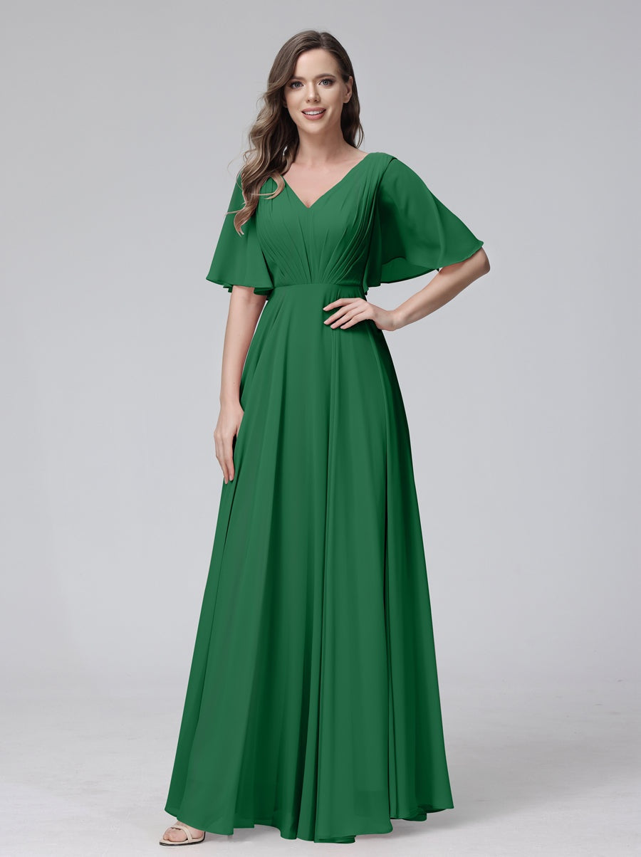 Princess A-Line Floor-Length V-Neck Bridesmaid Dresses With Half Sleeves, Ruffles & Pockets