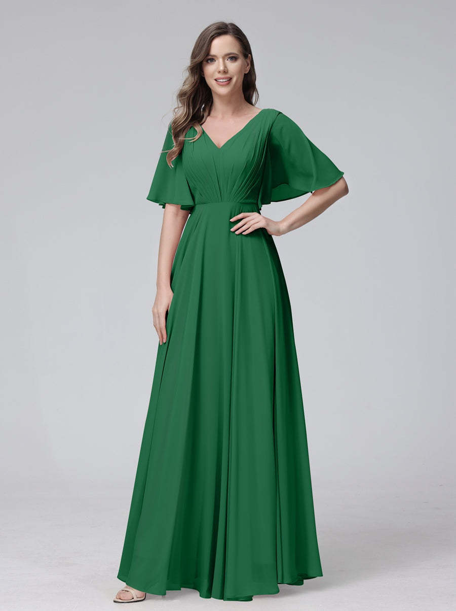 Princess A-Line Floor-Length V-Neck Bridesmaid Dresses With Half Sleeves, Ruffles & Pockets