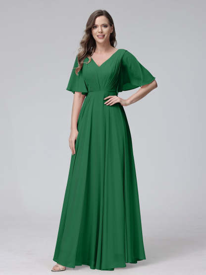 Princess A-Line Floor-Length V-Neck Bridesmaid Dresses With Half Sleeves, Ruffles & Pockets