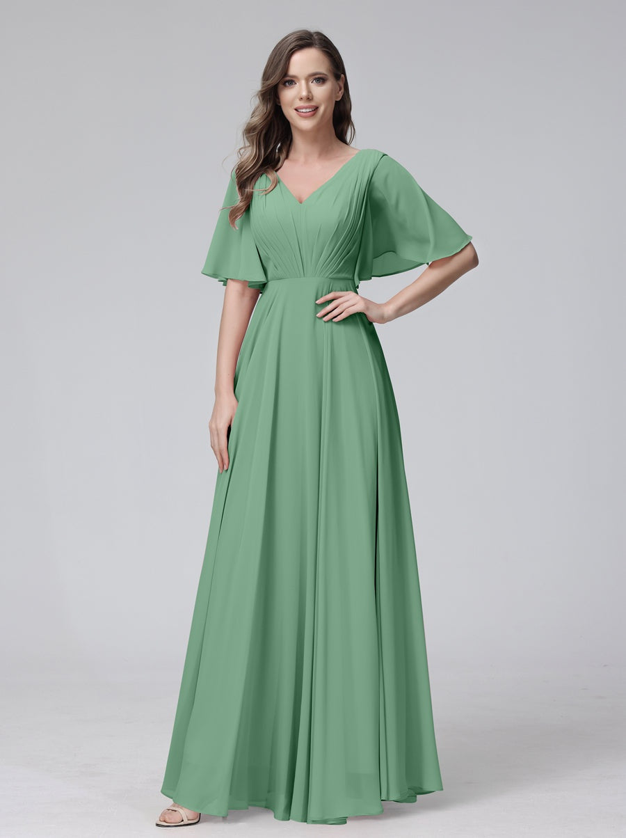 Princess A-Line Floor-Length V-Neck Bridesmaid Dresses With Half Sleeves, Ruffles & Pockets