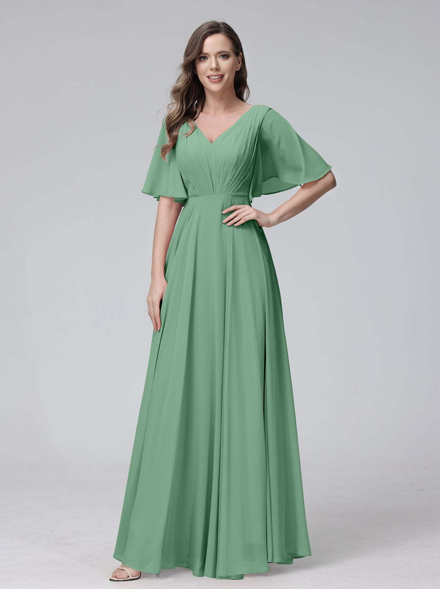Princess A-Line Floor-Length V-Neck Bridesmaid Dresses With Half Sleeves, Ruffles & Pockets