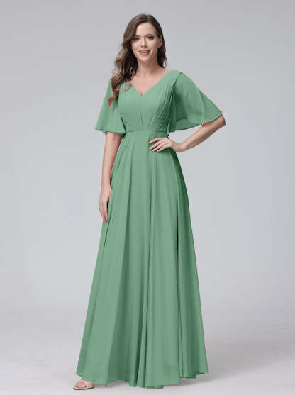 Princess A-Line Floor-Length V-Neck Bridesmaid Dresses With Half Sleeves, Ruffles & Pockets