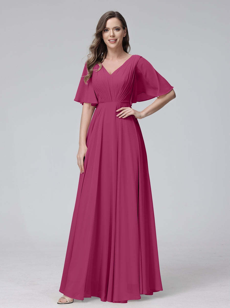 Princess A-Line Floor-Length V-Neck Bridesmaid Dresses With Half Sleeves, Ruffles & Pockets