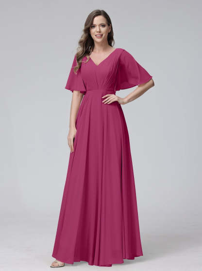 Princess A-Line Floor-Length V-Neck Bridesmaid Dresses With Half Sleeves, Ruffles & Pockets