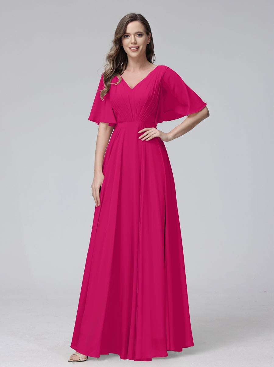 Princess A-Line Floor-Length V-Neck Bridesmaid Dresses With Half Sleeves, Ruffles & Pockets
