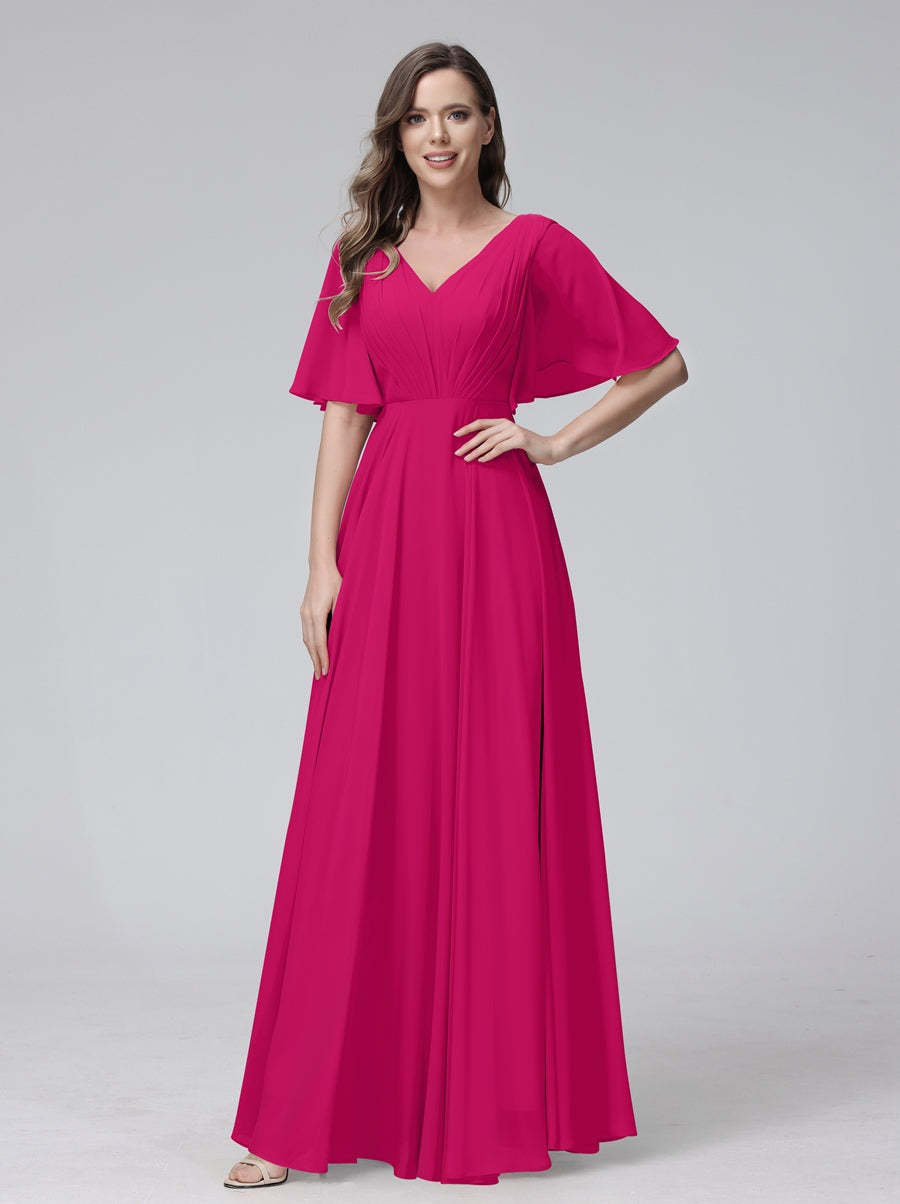 Princess A-Line Floor-Length V-Neck Bridesmaid Dresses With Half Sleeves, Ruffles & Pockets
