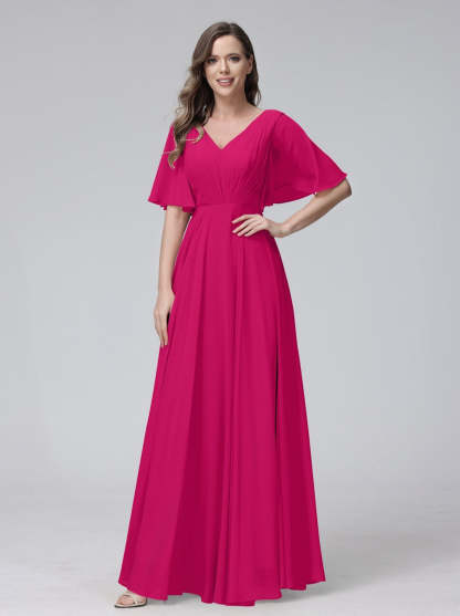 Princess A-Line Floor-Length V-Neck Bridesmaid Dresses With Half Sleeves, Ruffles & Pockets