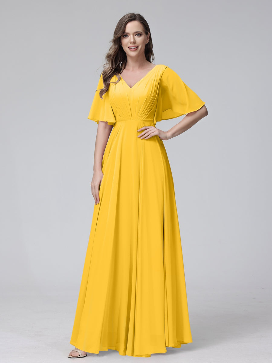 Princess A-Line Floor-Length V-Neck Bridesmaid Dresses With Half Sleeves, Ruffles & Pockets