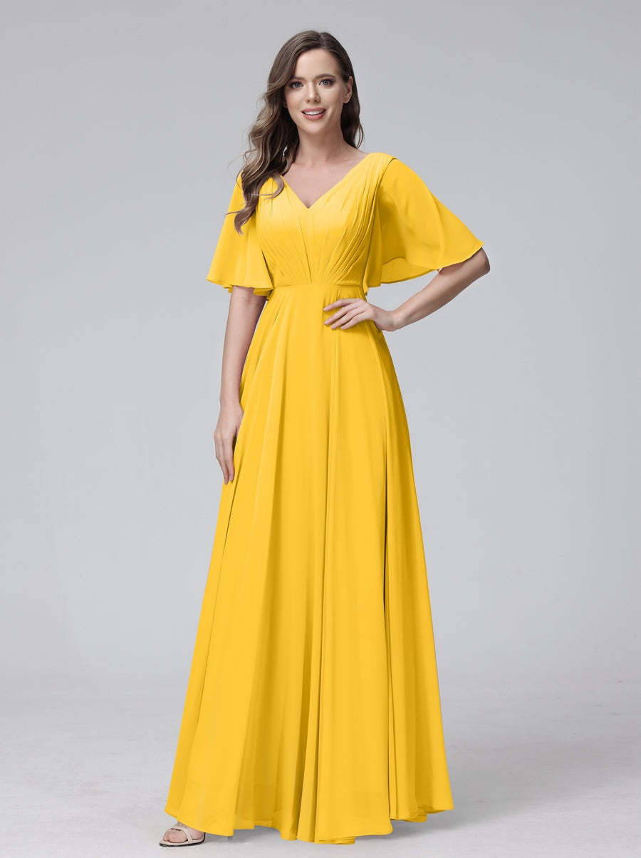 Princess A-Line Floor-Length V-Neck Bridesmaid Dresses With Half Sleeves, Ruffles & Pockets