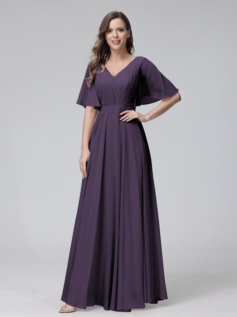 Princess A-Line Floor-Length V-Neck Bridesmaid Dresses With Half Sleeves, Ruffles & Pockets