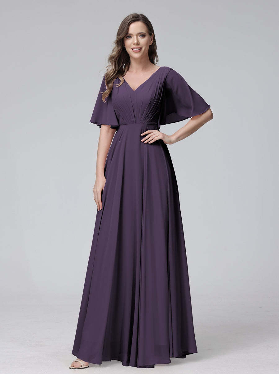 Princess A-Line Floor-Length V-Neck Bridesmaid Dresses With Half Sleeves, Ruffles & Pockets