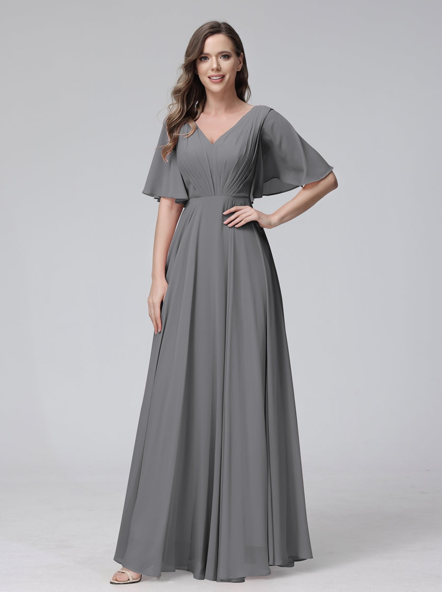 Princess A-Line Floor-Length V-Neck Bridesmaid Dresses With Half Sleeves, Ruffles & Pockets
