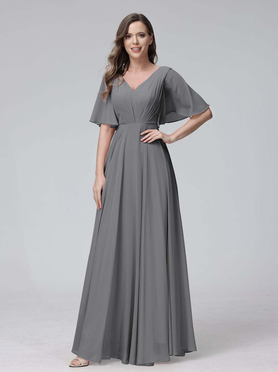 Princess A-Line Floor-Length V-Neck Bridesmaid Dresses With Half Sleeves, Ruffles & Pockets