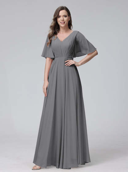 Princess A-Line Floor-Length V-Neck Bridesmaid Dresses With Half Sleeves, Ruffles & Pockets