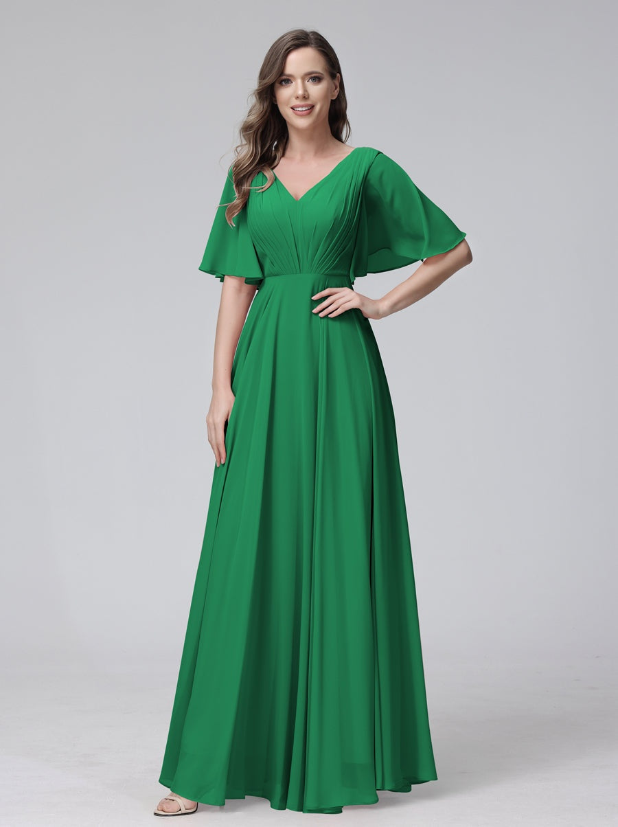 Princess A-Line Floor-Length V-Neck Bridesmaid Dresses With Half Sleeves, Ruffles & Pockets