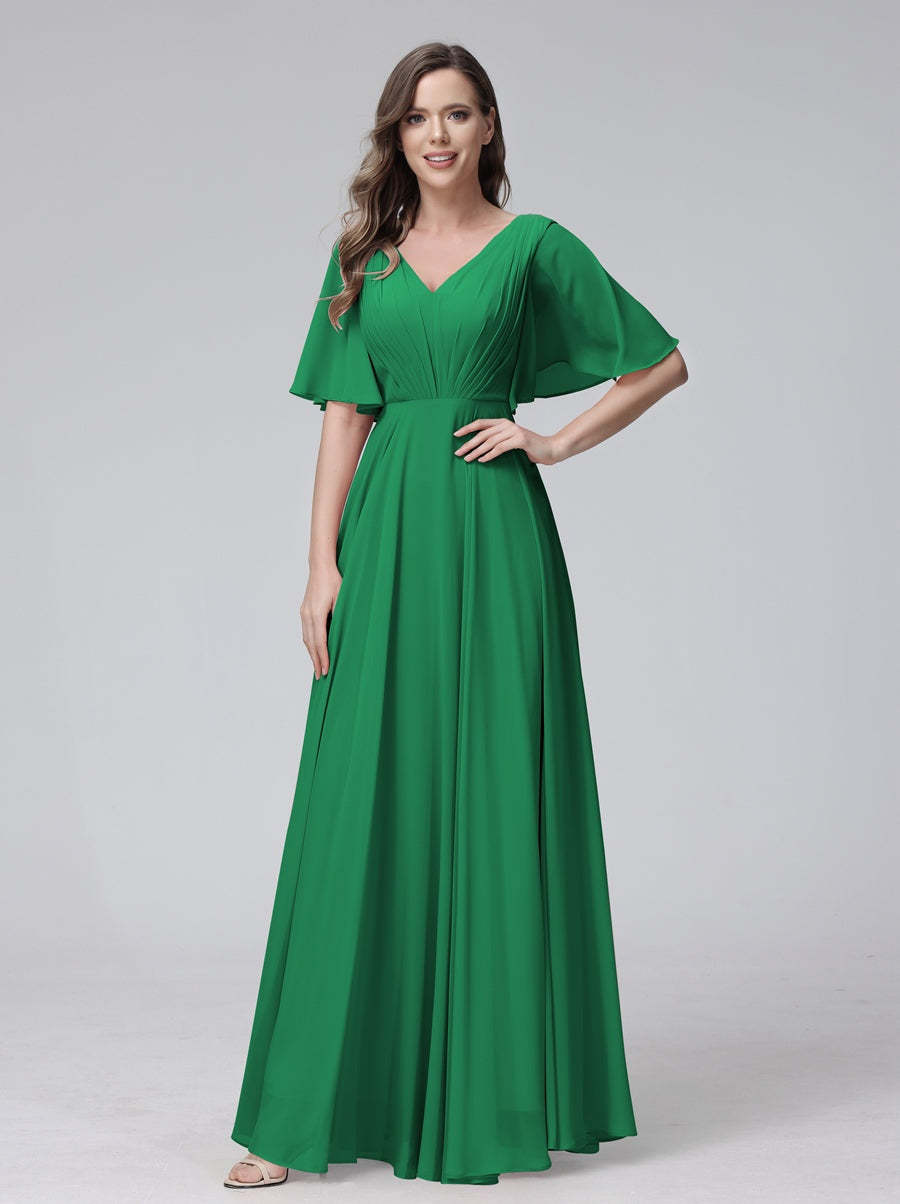 Princess A-Line Floor-Length V-Neck Bridesmaid Dresses With Half Sleeves, Ruffles & Pockets