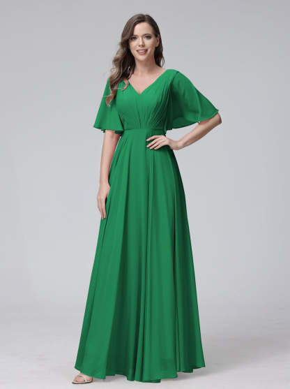 Princess A-Line Floor-Length V-Neck Bridesmaid Dresses With Half Sleeves, Ruffles & Pockets