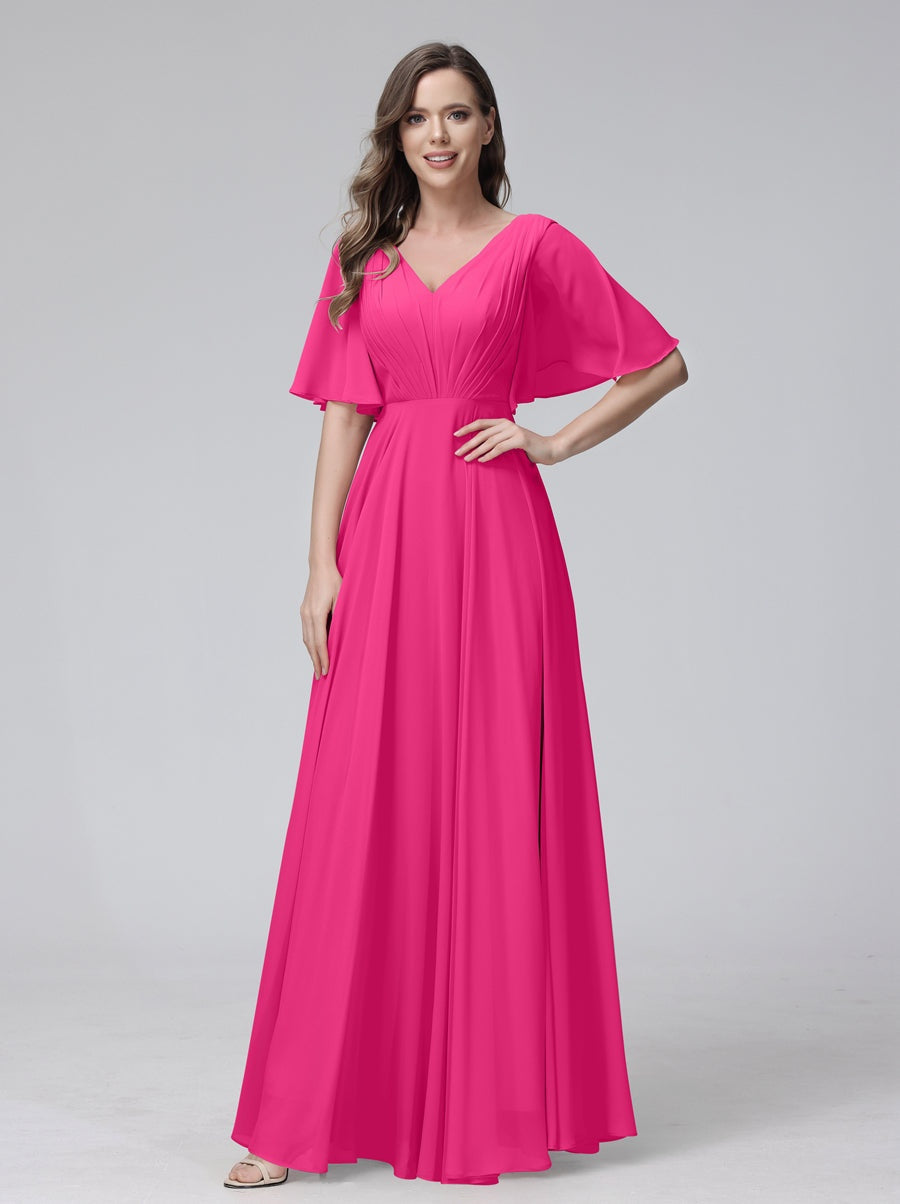 Princess A-Line Floor-Length V-Neck Bridesmaid Dresses With Half Sleeves, Ruffles & Pockets