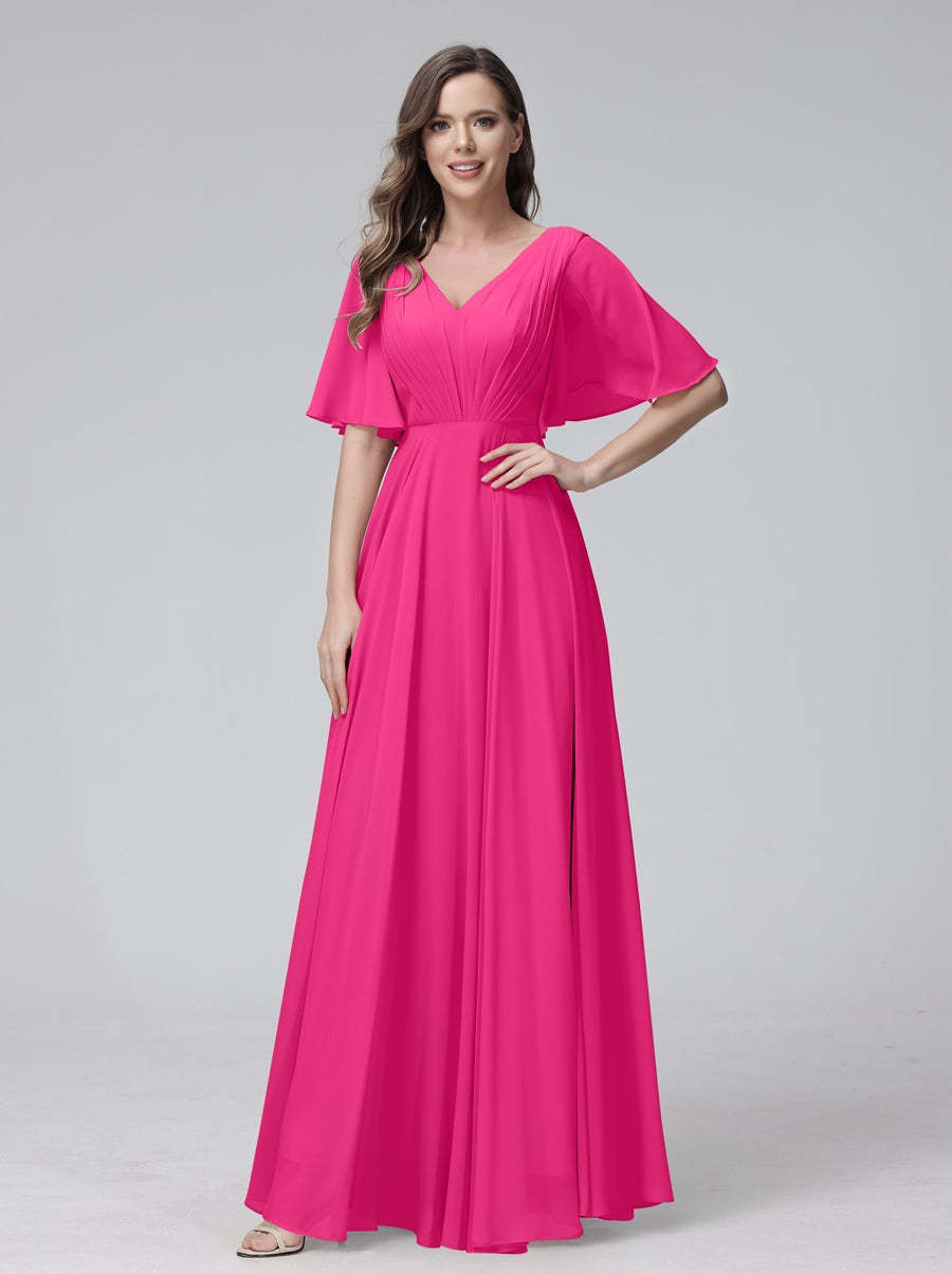 Princess A-Line Floor-Length V-Neck Bridesmaid Dresses With Half Sleeves, Ruffles & Pockets