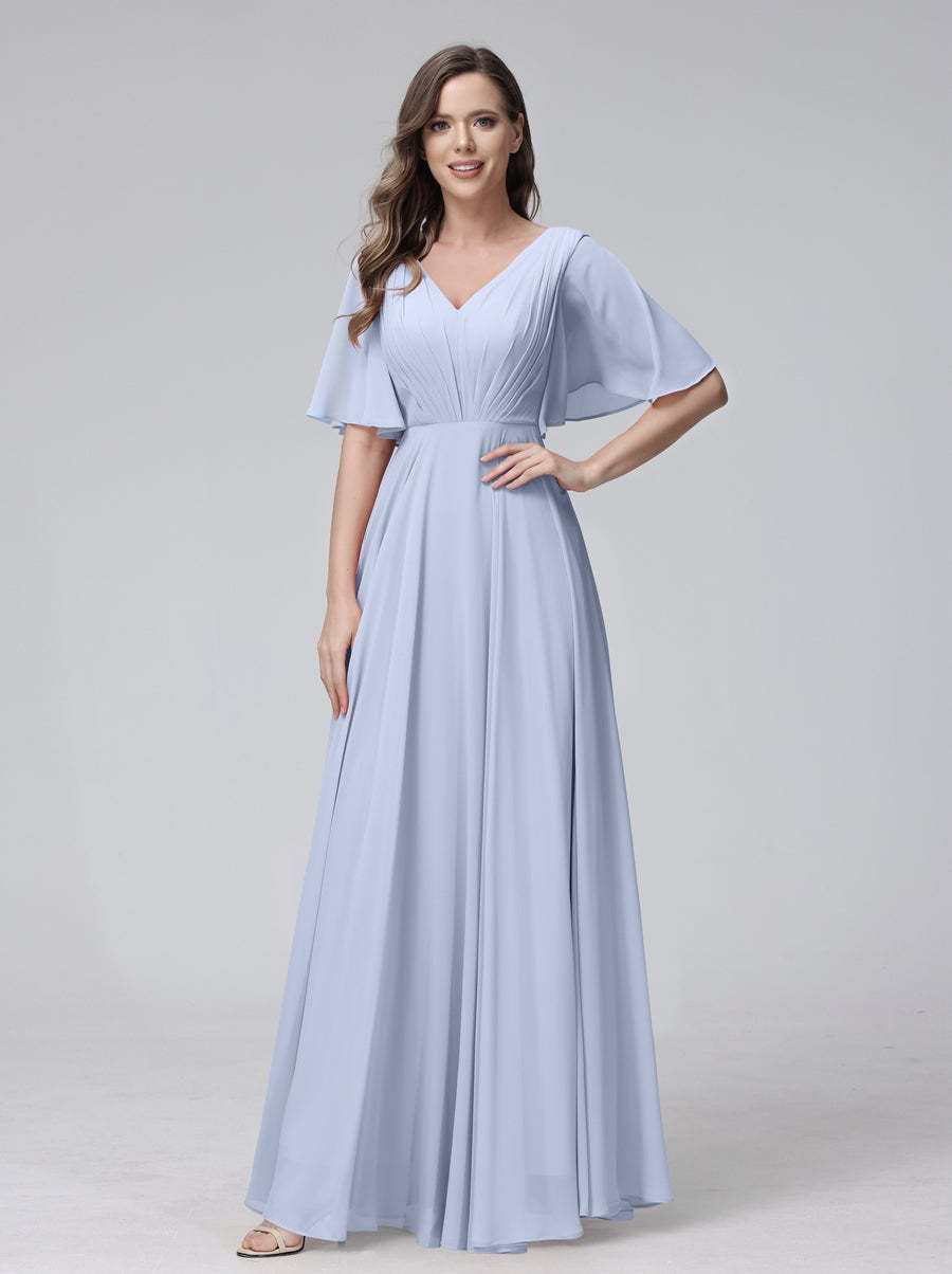 Princess A-Line Floor-Length V-Neck Bridesmaid Dresses With Half Sleeves, Ruffles & Pockets