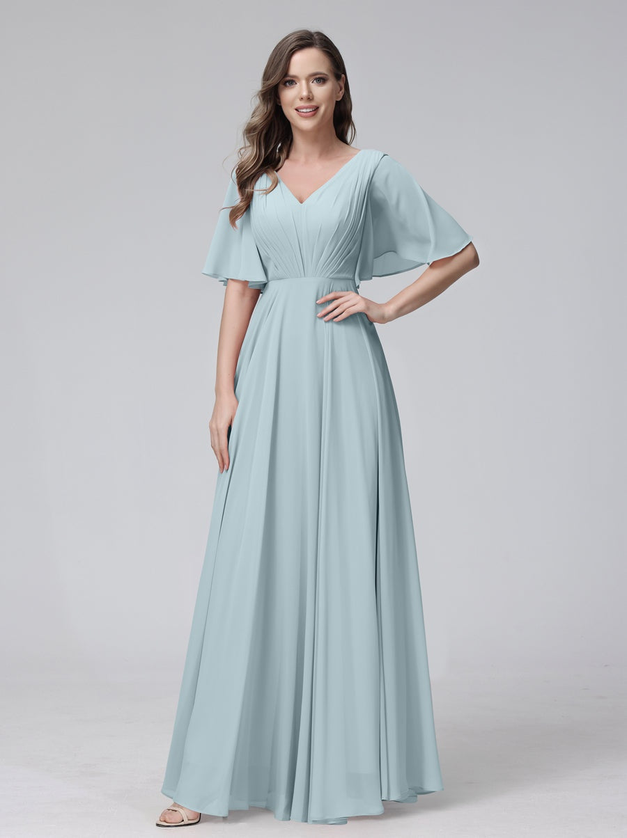 Princess A-Line Floor-Length V-Neck Bridesmaid Dresses With Half Sleeves, Ruffles & Pockets
