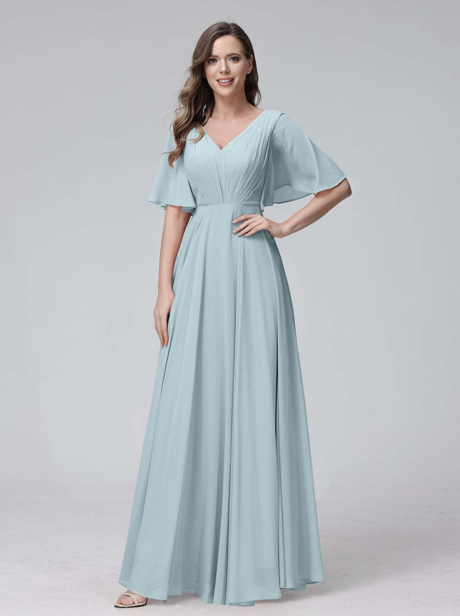 Princess A-Line Floor-Length V-Neck Bridesmaid Dresses With Half Sleeves, Ruffles & Pockets
