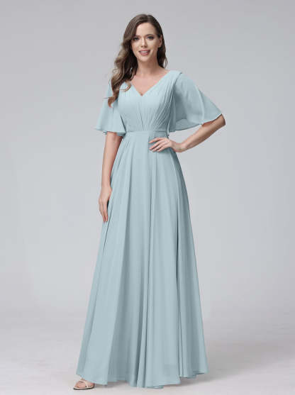 Princess A-Line Floor-Length V-Neck Bridesmaid Dresses With Half Sleeves, Ruffles & Pockets