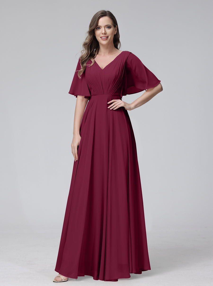 Princess A-Line Floor-Length V-Neck Bridesmaid Dresses With Half Sleeves, Ruffles & Pockets