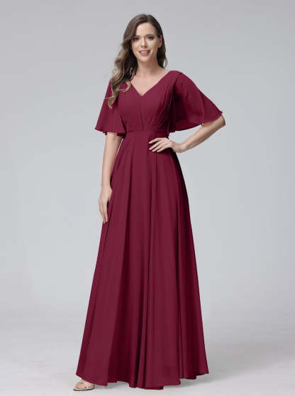 Princess A-Line Floor-Length V-Neck Bridesmaid Dresses With Half Sleeves, Ruffles & Pockets