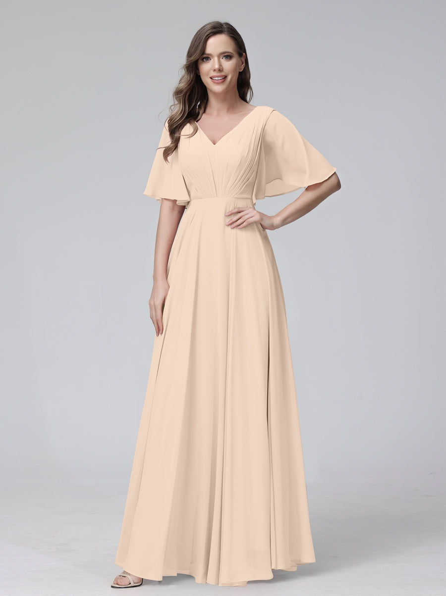 Princess A-Line Floor-Length V-Neck Bridesmaid Dresses With Half Sleeves, Ruffles & Pockets