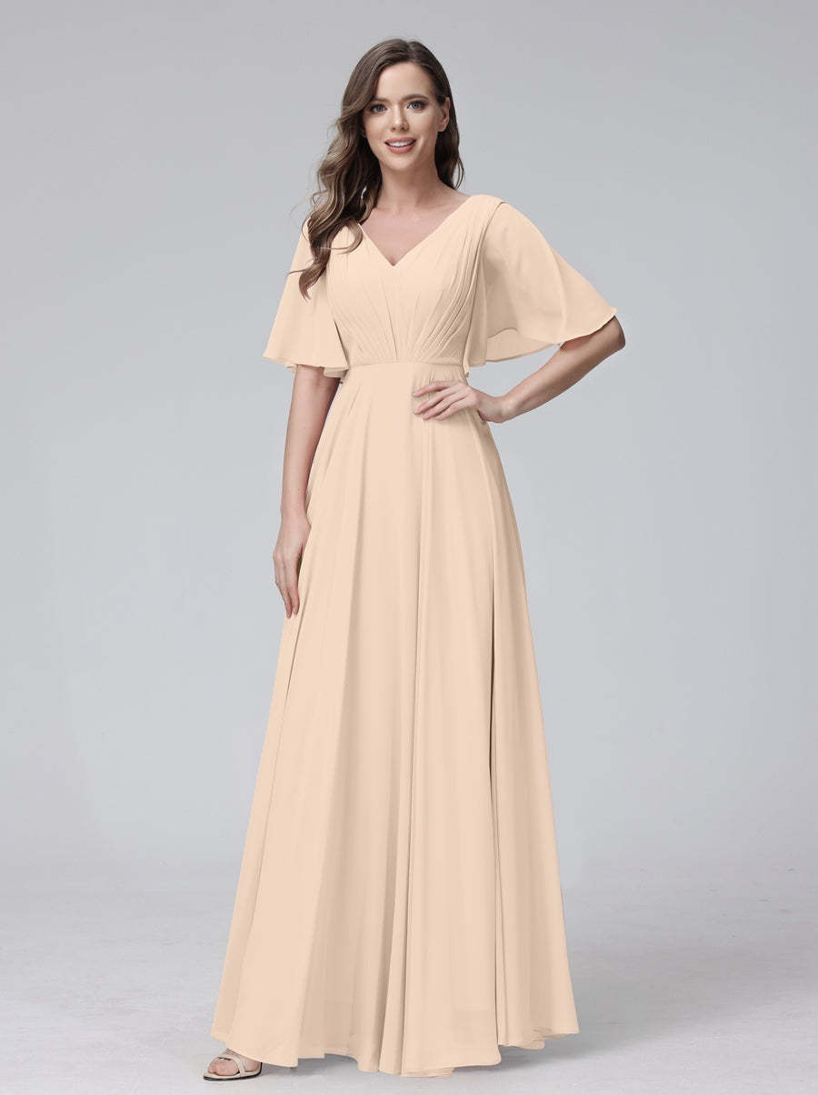Princess A-Line Floor-Length V-Neck Bridesmaid Dresses With Half Sleeves, Ruffles & Pockets