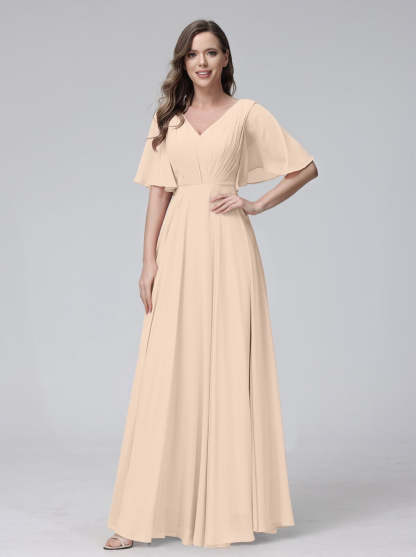 Princess A-Line Floor-Length V-Neck Bridesmaid Dresses With Half Sleeves, Ruffles & Pockets