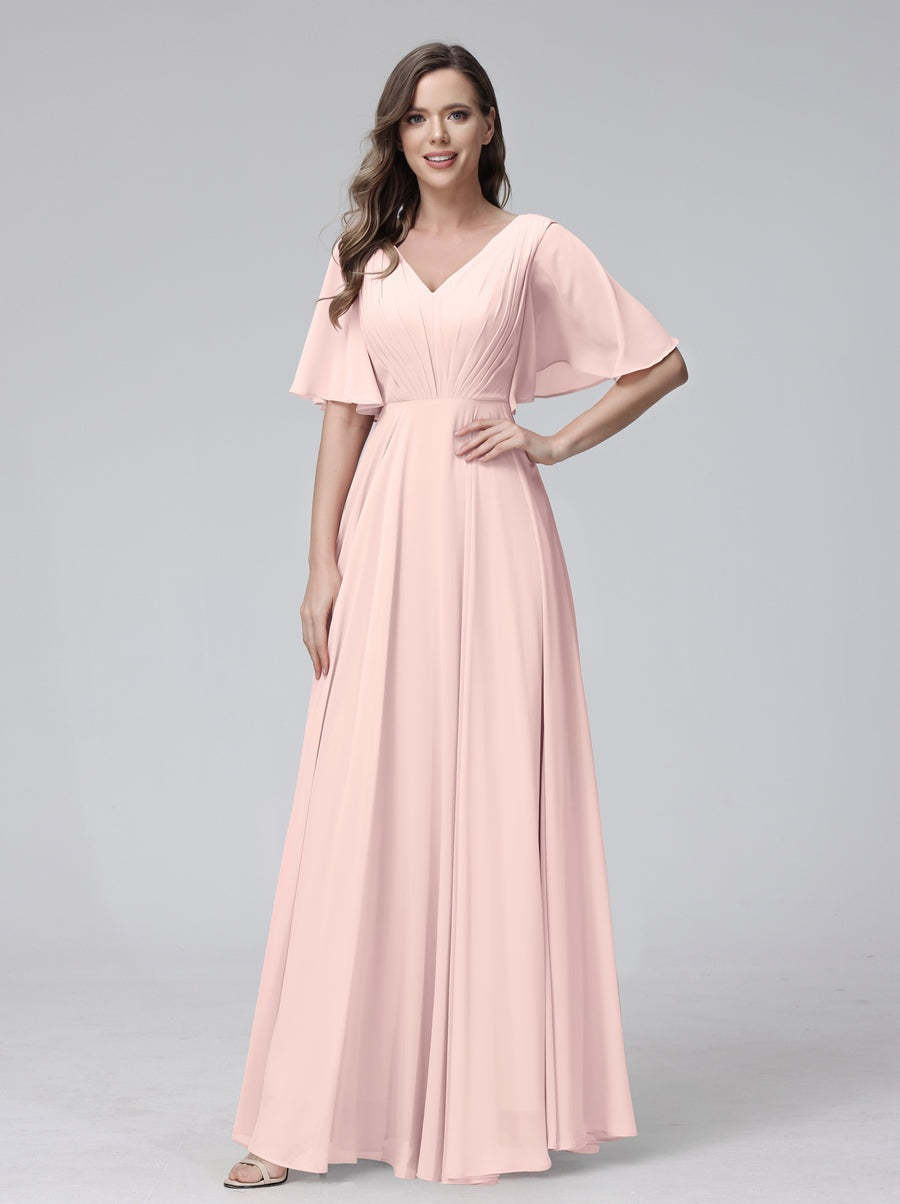 Princess A-Line Floor-Length V-Neck Bridesmaid Dresses With Half Sleeves, Ruffles & Pockets