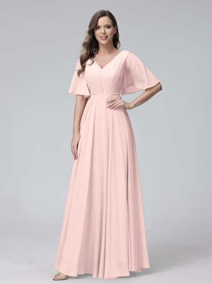 Princess A-Line Floor-Length V-Neck Bridesmaid Dresses With Half Sleeves, Ruffles & Pockets