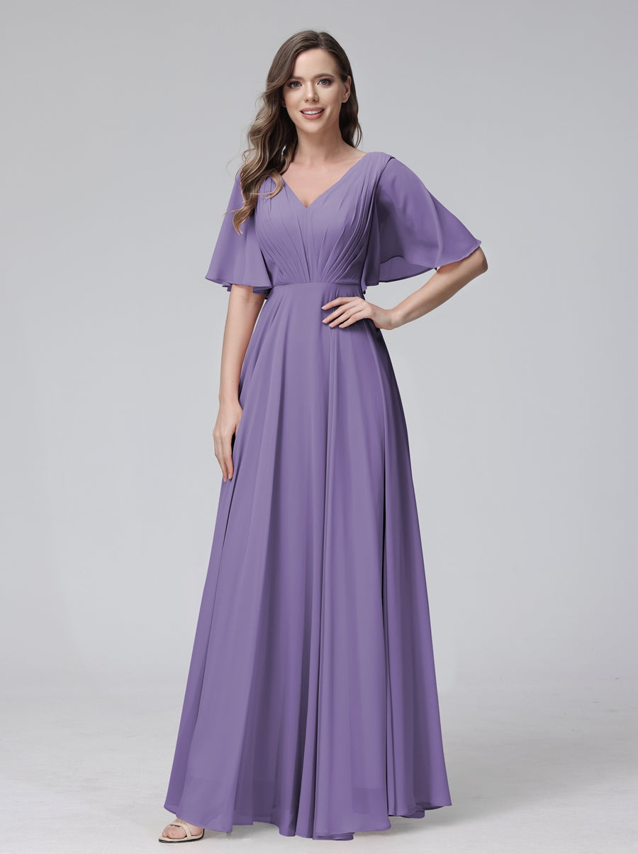 Princess A-Line Floor-Length V-Neck Bridesmaid Dresses With Half Sleeves, Ruffles & Pockets