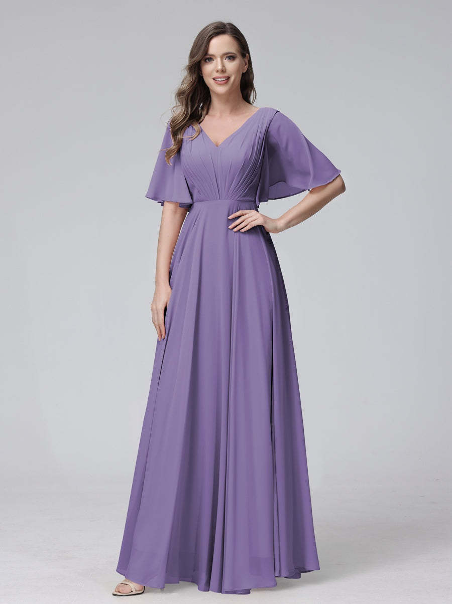 Princess A-Line Floor-Length V-Neck Bridesmaid Dresses With Half Sleeves, Ruffles & Pockets