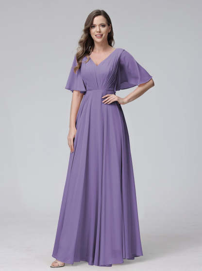 Princess A-Line Floor-Length V-Neck Bridesmaid Dresses With Half Sleeves, Ruffles & Pockets