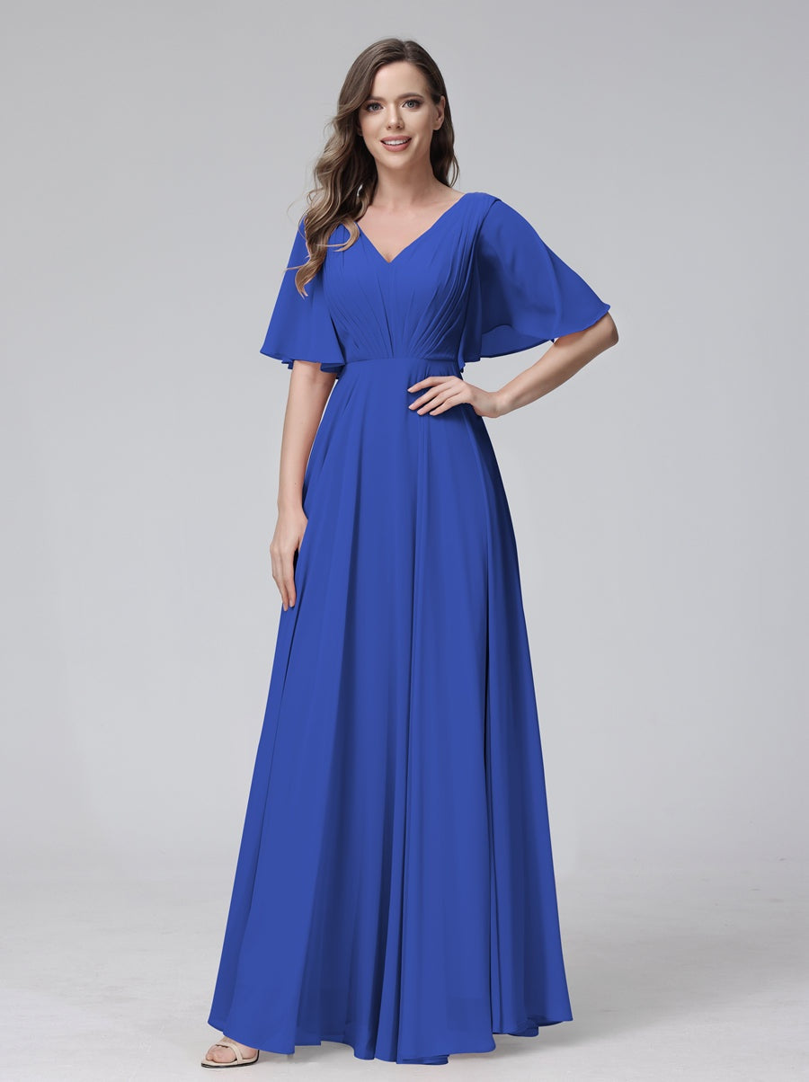 Princess A-Line Floor-Length V-Neck Bridesmaid Dresses With Half Sleeves, Ruffles & Pockets