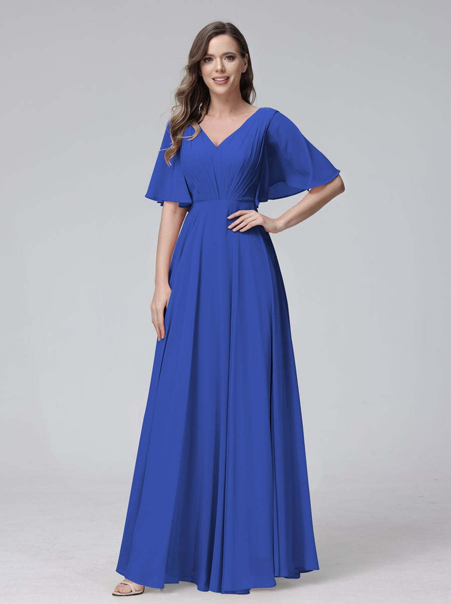 Princess A-Line Floor-Length V-Neck Bridesmaid Dresses With Half Sleeves, Ruffles & Pockets