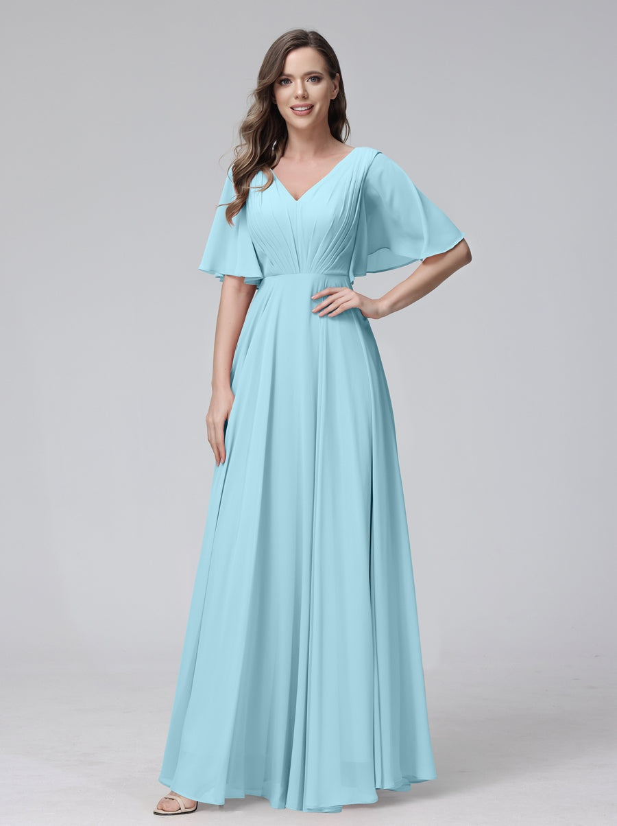 Princess A-Line Floor-Length V-Neck Bridesmaid Dresses With Half Sleeves, Ruffles & Pockets
