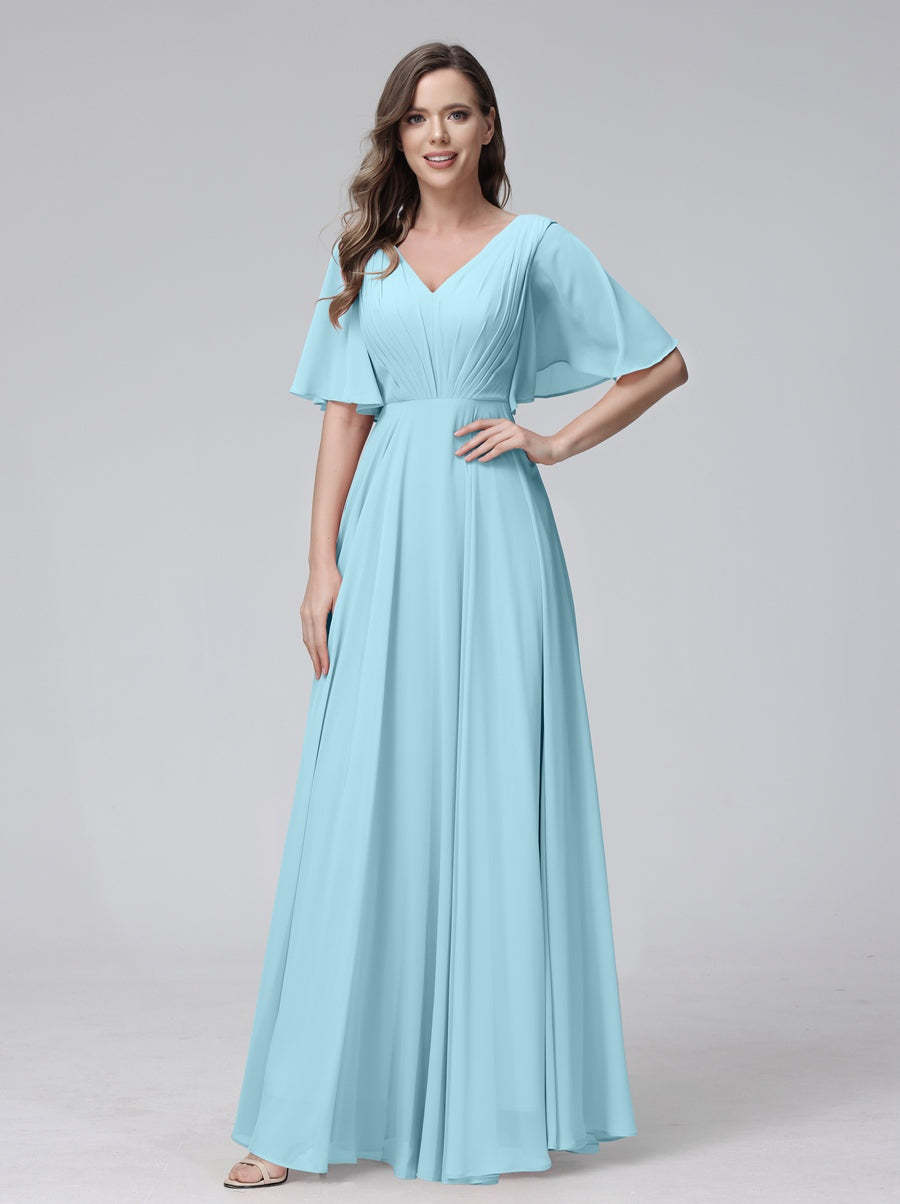 Princess A-Line Floor-Length V-Neck Bridesmaid Dresses With Half Sleeves, Ruffles & Pockets