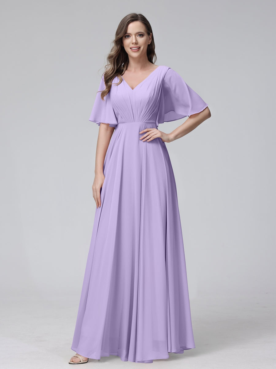 Princess A-Line Floor-Length V-Neck Bridesmaid Dresses With Half Sleeves, Ruffles & Pockets