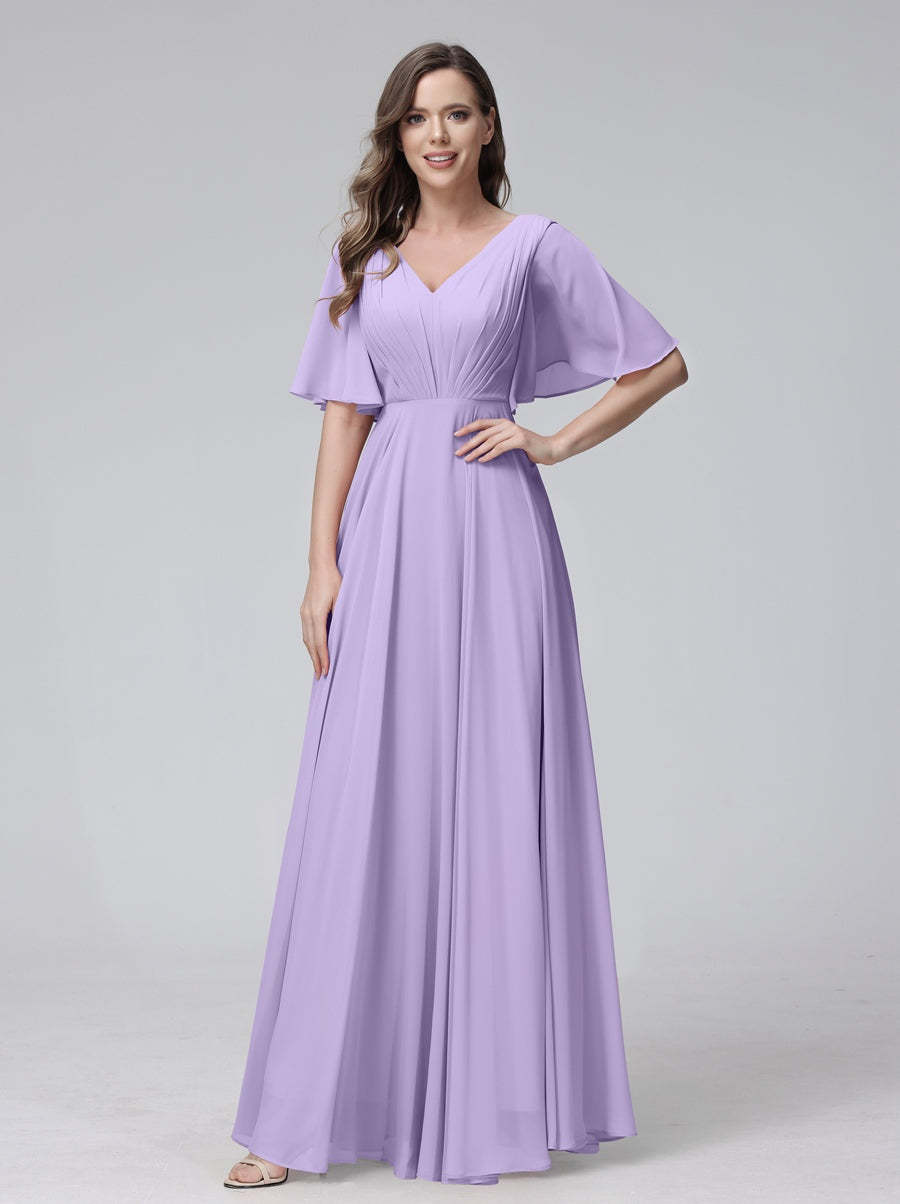 Princess A-Line Floor-Length V-Neck Bridesmaid Dresses With Half Sleeves, Ruffles & Pockets