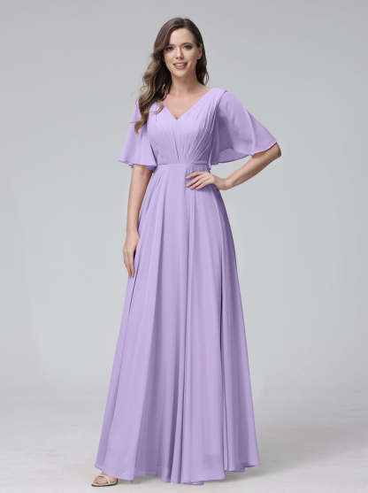 Princess A-Line Floor-Length V-Neck Bridesmaid Dresses With Half Sleeves, Ruffles & Pockets