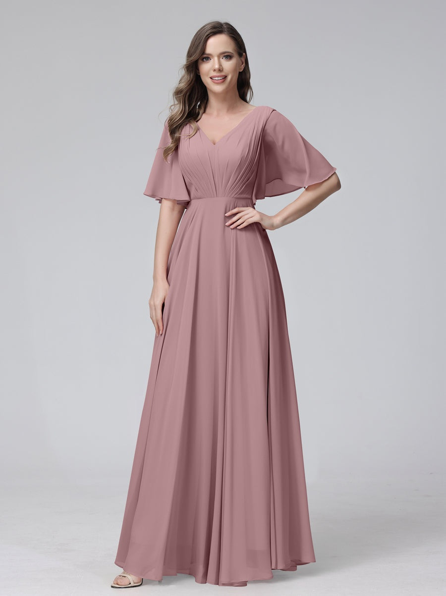Princess A-Line Floor-Length V-Neck Bridesmaid Dresses With Half Sleeves, Ruffles & Pockets