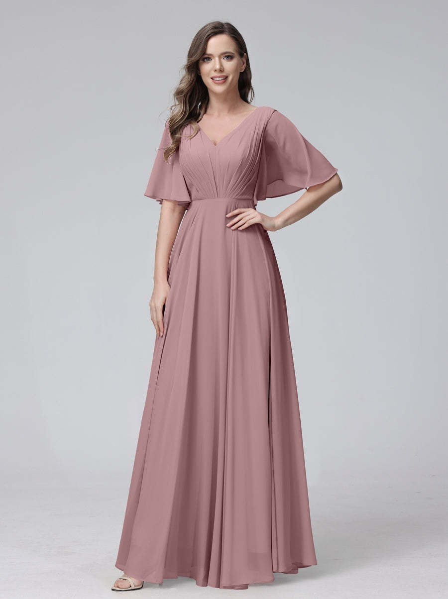 Princess A-Line Floor-Length V-Neck Bridesmaid Dresses With Half Sleeves, Ruffles & Pockets