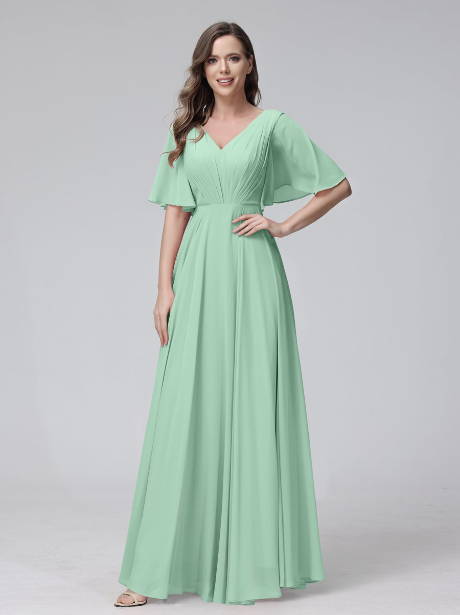 Princess A-Line Floor-Length V-Neck Bridesmaid Dresses With Half Sleeves, Ruffles & Pockets