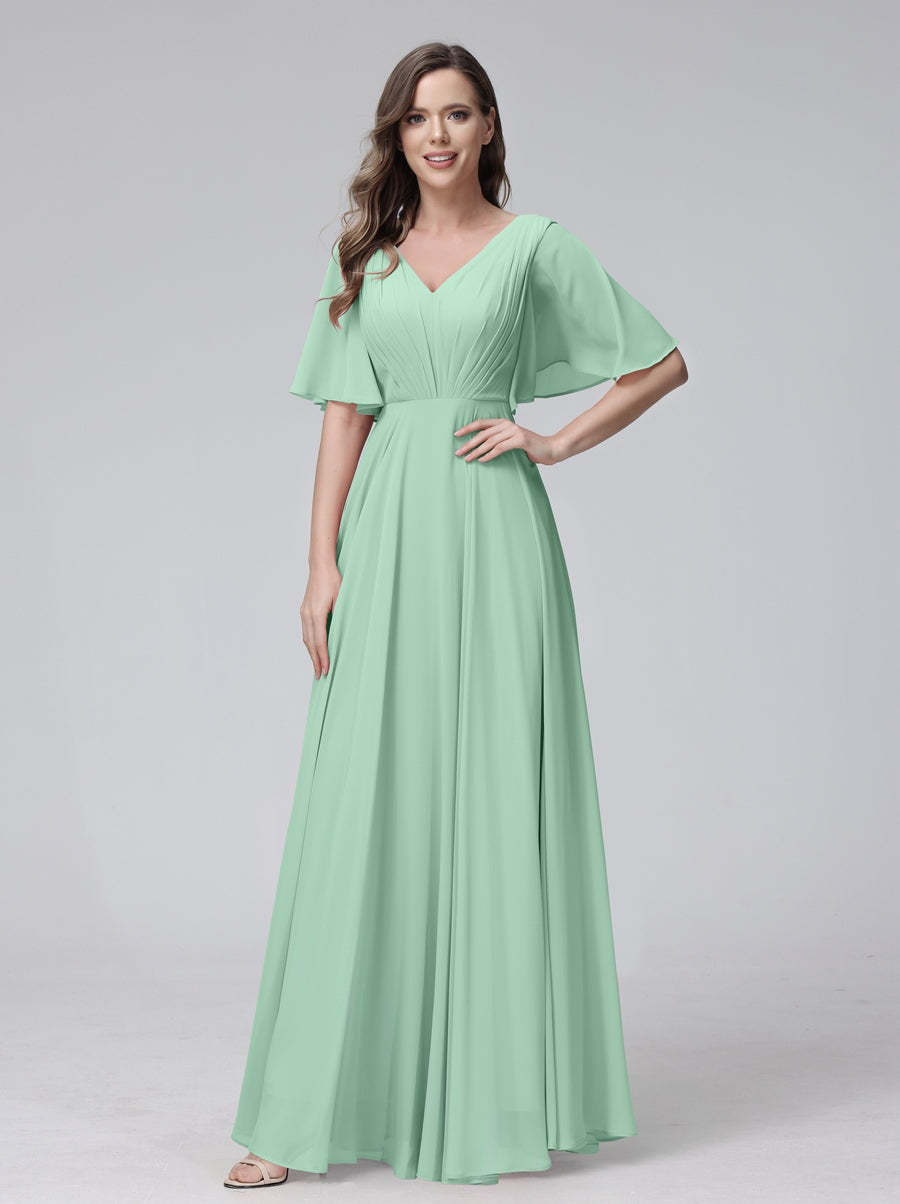 Princess A-Line Floor-Length V-Neck Bridesmaid Dresses With Half Sleeves, Ruffles & Pockets