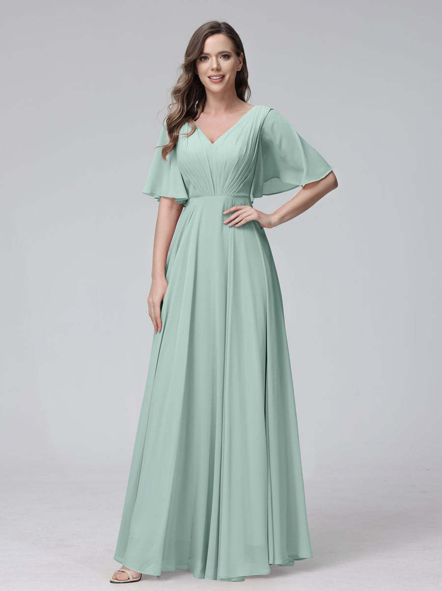 Princess A-Line Floor-Length V-Neck Bridesmaid Dresses With Half Sleeves, Ruffles & Pockets